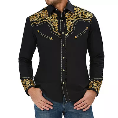 Casual Mens Western Long Sleeve Shirts Loose Slim Button Dress Shirt Blouse Top • $15.35