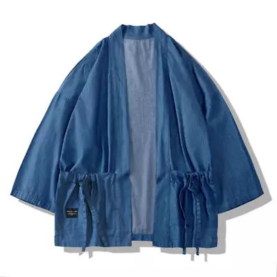 Mens Denim Kimono Jacket Coat Japanese Yukata Cardigan Loose Top Outwear Haori • $27.54