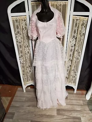 VTG 80s Prom Formal XST Dress PUFFY Sleeve Maxi Lace Southern Belle Bridesmaid • $35.99