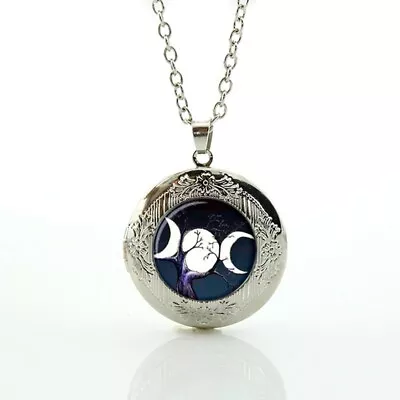 Triple Moon Goddess Cabochon LOCKET Pendant Silver Chain Necklace USA Ship #89 • $14.25