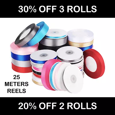 £2.75 • Buy 25m - Satin Ribbon Rolls Reels 25mm 15mm 10mm 6mm Widths Double Sided 25 Metres