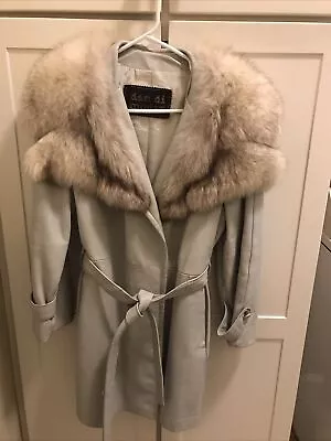 Vtg Dan Di Monte Light Grey Leather Trench Coat  Fox Fur Collar Size 12 • $150