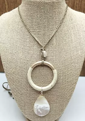 J. Jill Natural Flax Cord Gold Tone Wrapped Ring MOP Shell Pendant  Necklace • $14.97