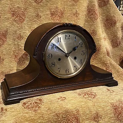 Antique Fully Working Edwardian Chrome  Mantle Clock Wood Napoleon Hat Brass • £60