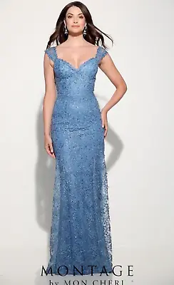 NWT Montage Mon Cheri Evening Gown Lace Formal Mother Of The Bride Blue Size 16 • $192.99