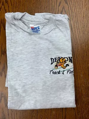 VTG 90s Demon Pitchfork School Mascot Track & Field Embroidered Shirt Sz M Gray • $24.99