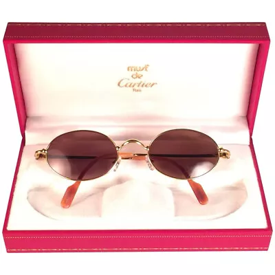 New Vintage Cartier Filao 47mm Oval Gold Brown Lenses Sunglasses France 18k • $819