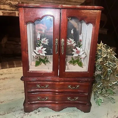 Vintage Wood Jewelry Armoire Doors Drawers Swirly Hangers Floral Glass  MELE • $29.99