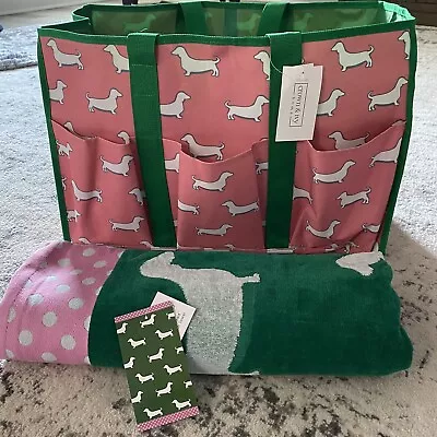 NWT Pink & Green Dachshund Dog Travel Beach Swim Tote Bag & Matching Towel Set • $69.99