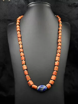 Ancient Beautiful Red Natural Coral And Old Carved Lapis Lazuli Beaded Necklace • $350