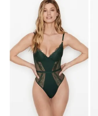 Victoria’s Secret Love By Victoria Lightly Lined Lace Trim Bodysuit Green S • $19.99