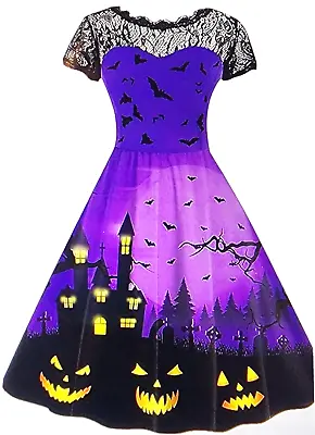 Halloween Vintage A Line Costume Pumpkin Bat  A Line Party Dress Mid Sleeve 2XL • $23.97