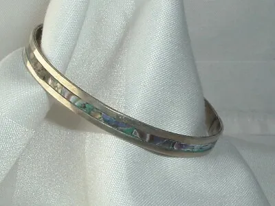 Vintage Mexican Silver Abalone Shell Inlay Bangle Bracelet 11 Grams • $29.99