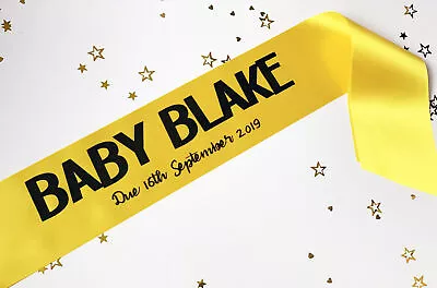 Personalised Baby Shower Sash Add Name & Due Date Yellow Pink Blue Gender Reveal • £4.95