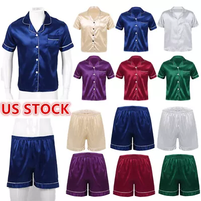 US Mens Silk Pajama Top Home Sleepwear Short Sleeve Shirt With Shorts Loungewear • $9.58