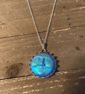 Iridescent Blue Moon Face Pendant On A Silver Chain Necklace • $5.96