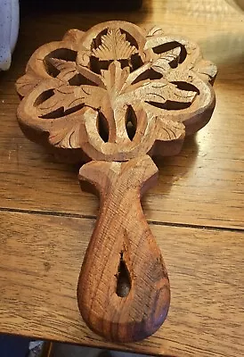 Hand Carved Vintage Wooden Trivet With A Handle ~ Floral  With Leaves~Decorative • $8