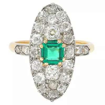 Edwardian French Antique Emerald Diamond Platinum 14 Karat Gold Navette Ring • $6875