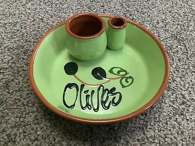 Hand Painted Terracotta Olive Dish Green Glaze Stone & Pick Holders 16cm • £9.50