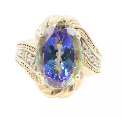 10KT Yellow Gold 7.0 Ctw Oval Cut Mystic Topaz & Diamond Gemstone Ring Size 8 • $284.95