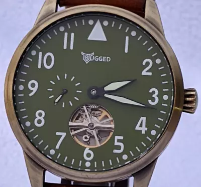 SOLID BRASS Automatic SeaGull Pilot Flieger Watch Open Flywheel Army Green • $155