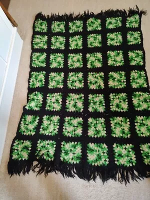 Vintage Crochet Afghan Blanket Granny Square Varigated Green & Black 53 X43  • $12.99