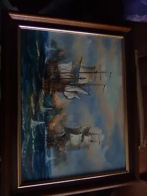 Original Signed J.Harvey Oil On Canvas 18th Century Galleons At War 50cm X 40cm  • £300