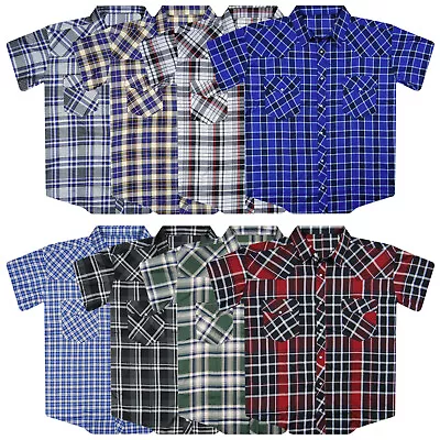 Plaid Western Shirt Mens Short Sleeve Snap Up Pockets New Colors Big 3XL 4XL 5XL • $21.95