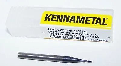 1/32  (.0312 )  CARBIDE END MILL 2 FLUTE BALL END AlTiN COAT KENNAMETAL 5876721 • $11.75