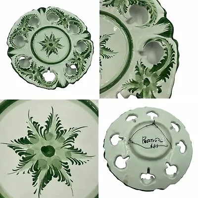 £25 • Buy Portuguese Green & White Pierced Pottery Wall Display Plate Floral Small Signed