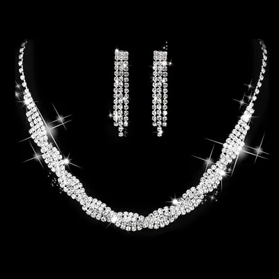 Crystal Diamante Twine Silver Necklace And Earrings Set Costume Jewellery • £6.99