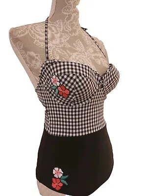 New Black And White Gingham Floral Applique Swimsuit By Top Shop UK12 EU40 US8 • £11.99