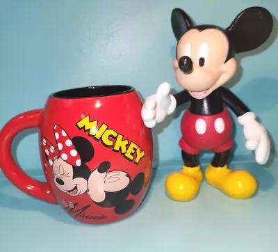 Disney Minnie Mickey Mouse Red Coffee Mug & Plastic Mickey Figure New Old Stock • $24