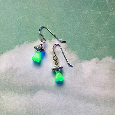 Green Uranium Glass & Sterling Silver Earrings UFO Flying Saucer Handmade • $17