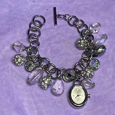 NEXT Watch Charm Bracelet Silver Tone Chunky Links Toggle Fastener Sparkly • £12.99