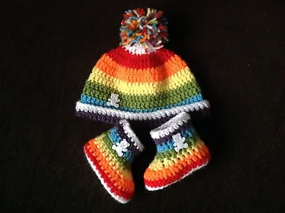 Crochet Baby Boy Girl Rainbow Teddy Booties & Hat Set 0-6 Months Red Lot • £9.75