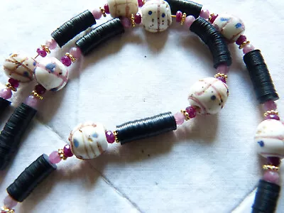 Antique Venetian Medicine Man Glass Beads Necklace With Pink Tourmaline And Ruby • $356