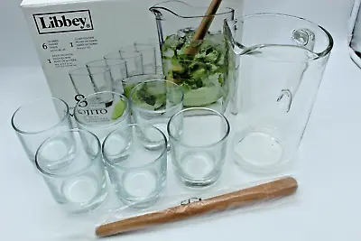 Libbey 8 Piece Mojito Serving Set Barware Glass Pitcher 6 Glasses Wood Muddler • $36.99