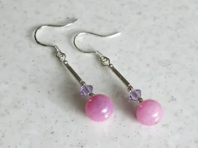 Pink Lilac Jade Earrings With Swarovski Crystals & Sterling Silver Tubes • £14.75