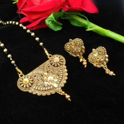 $33.01 • Buy Beautiful Indian Women Style Ethnic Mangalsutra Black Beads Necklace Earrings