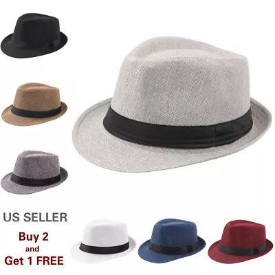 Men Women Summer Straw Fedora Hat Trilby Cuban Sun Cap Panama Short Brim Floral • $9.59