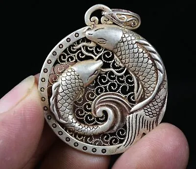 4CM Collection China Miao Silver Feng Shui Fish Hollow Pendant Amulet Necklace • $11.95
