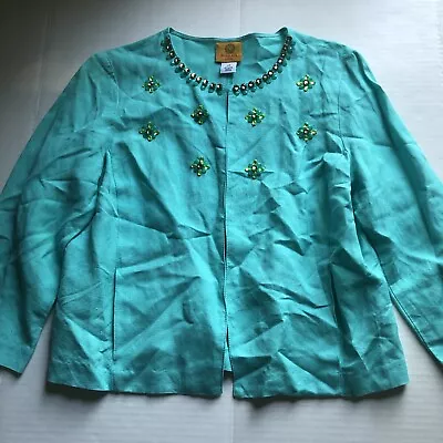 Ruby Rd Blue Linen Blend Jewel Embellished Topper Jacket Women’s Sz 12P A657 • $20