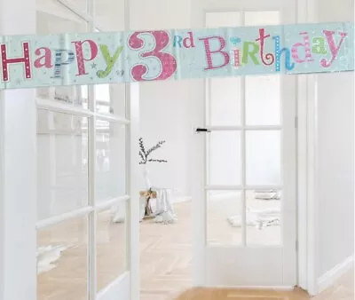 9ft Age 3 Birthday Wall/Door Foil Party Banner. 3rd Birthday Party Decorations • £2.75