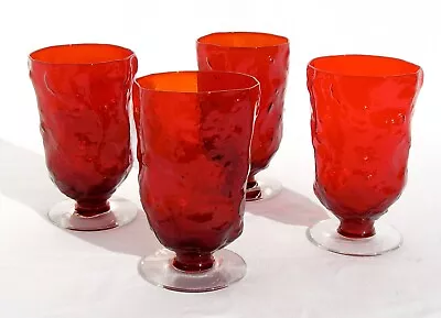 Vintage Morgantown Ruby Red Glass Crinkle Driftwood Water Goblets Glasses (4) • $49.95