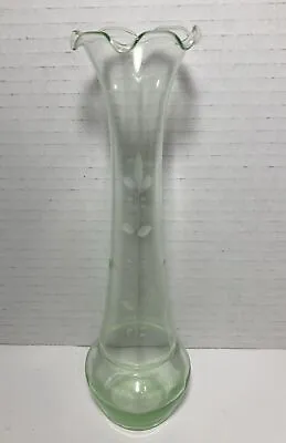 Vintage Green Uranium Vaseline Depression Glass Flower Etched Bud Vase 8” Tall • $29.99