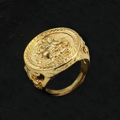 Gold 18K GF Adjustable St George Dragon Slayer Sovereign Ring Gift Men Filled • £24.99