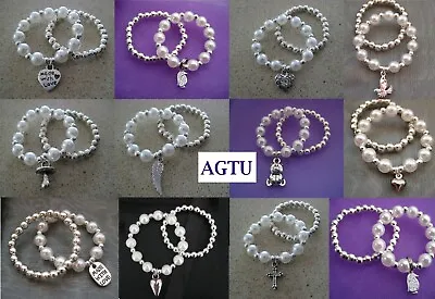 U PICK Bracelet Baby Born Reborn Doll Pearl Silver Charm Set Heart Angel AGTU • £3.69