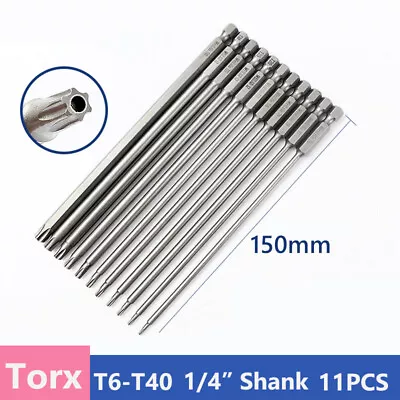 T6-T40 Torx Screwdriver Bit Set Long Reach 150mm Security Magnetic Hex Shank 1/4 • £2.75