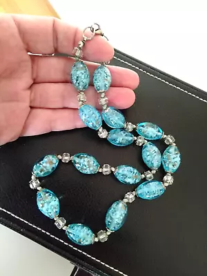 Vintage Jewellery Blue Murano Style Foil Fleck Glass Bead Necklace • £12.50